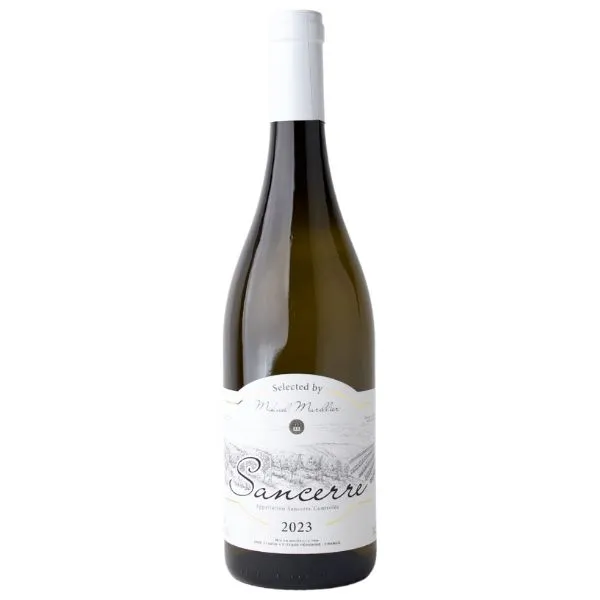 En flaske Sancerre hvidvin fra 2023 med en elegant hvid etiket, hvorpå der står "Selected by Manuel Marillier".