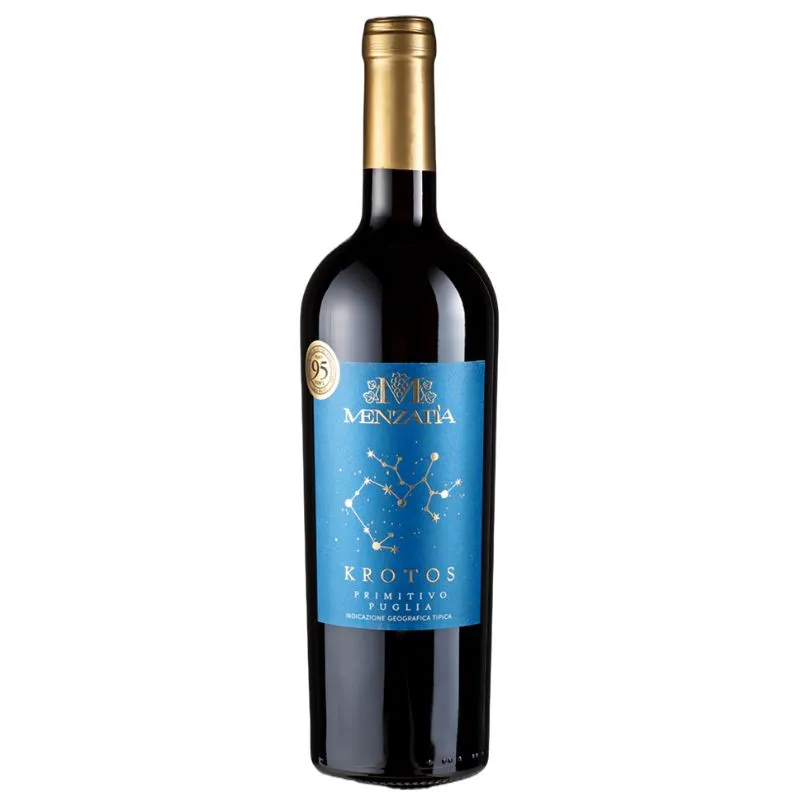 Italiensk vin ved navn Menzatia Krotos Primitivo årgang 2024