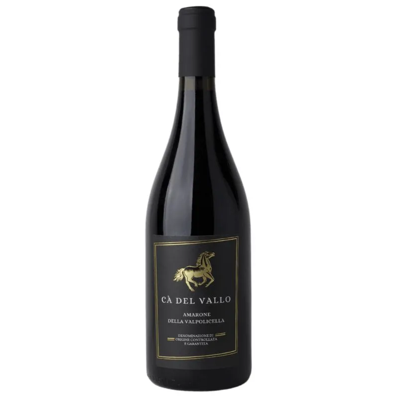 Flaske med rødvinen Cà del Vallo Amarone della Valpolicella, med sort kapsel og sort etiket prydet med en gylden hest og gylden ramme. En italiensk Amarone med klassisk og elegant design, mærket med "Denominazione di Origine Controllata e Garantita"
