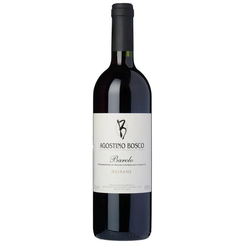 En flaske rødvin fra Agostino Bosco, en Barolo Neirane. Flasken har en elegant, hvid etiket med sort skrift, hvor producentens navn og vintypen tydeligt fremgår. Den mørke glasflaske og den enkle, sofistikerede etiket understreger vinens eksklusive karakter.