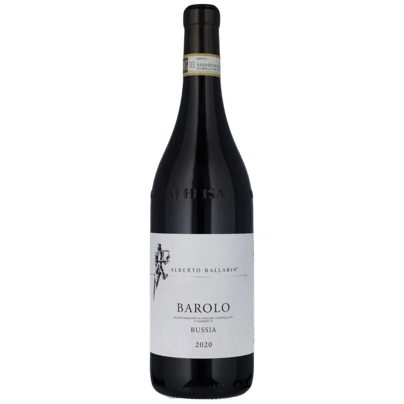 Barolo Bussia DOCG 2020 fra Alberto Ballarin. Flasken har en elegant, mørk glasflaske med en enkel hvid etiket, hvor vinhusets navn og "Barolo Bussia" er tydeligt skrevet. Øverst ses en grøn kvalitetssegl, der indikerer den officielle DOCG-status. Vinen stammer fra Bussia-området i Piemonte, Italien, kendt for sin kraftfulde og lagringsdygtige Nebbiolo-vin.
