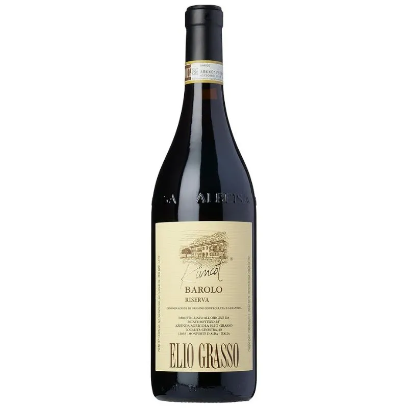 En flaske rødvin, *Elio Grasso Barolo Riserva Rüncot*, mod en hvid baggrund. Flasken har en mørk glasflaske med en klassisk beige etiket, hvor vingårdens navn og en illustreret vingård er synlige. På etiketten står "Barolo Riserva" samt producentens navn, Elio Grasso, hvilket indikerer en eksklusiv italiensk vin fra Piemonte-regionen.