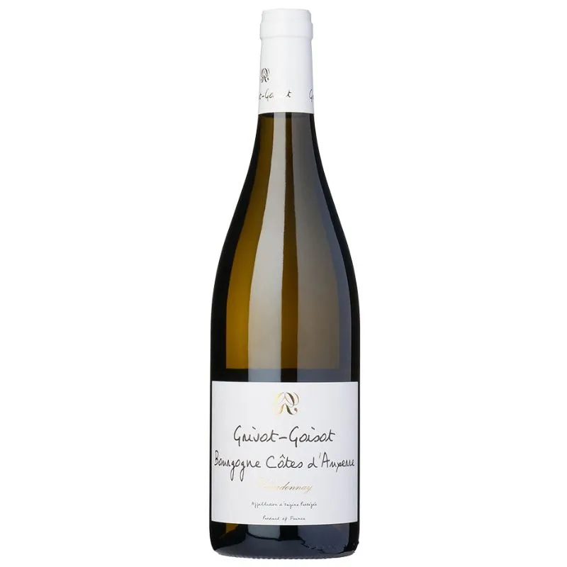 En flaske Guivot-Gaichet Bourgogne Côtes d'Auxerre Chardonnay vin fra Frankrig. Flasken har en hvid skruelåg og en enkel hvid etiket med håndskrevet tekst