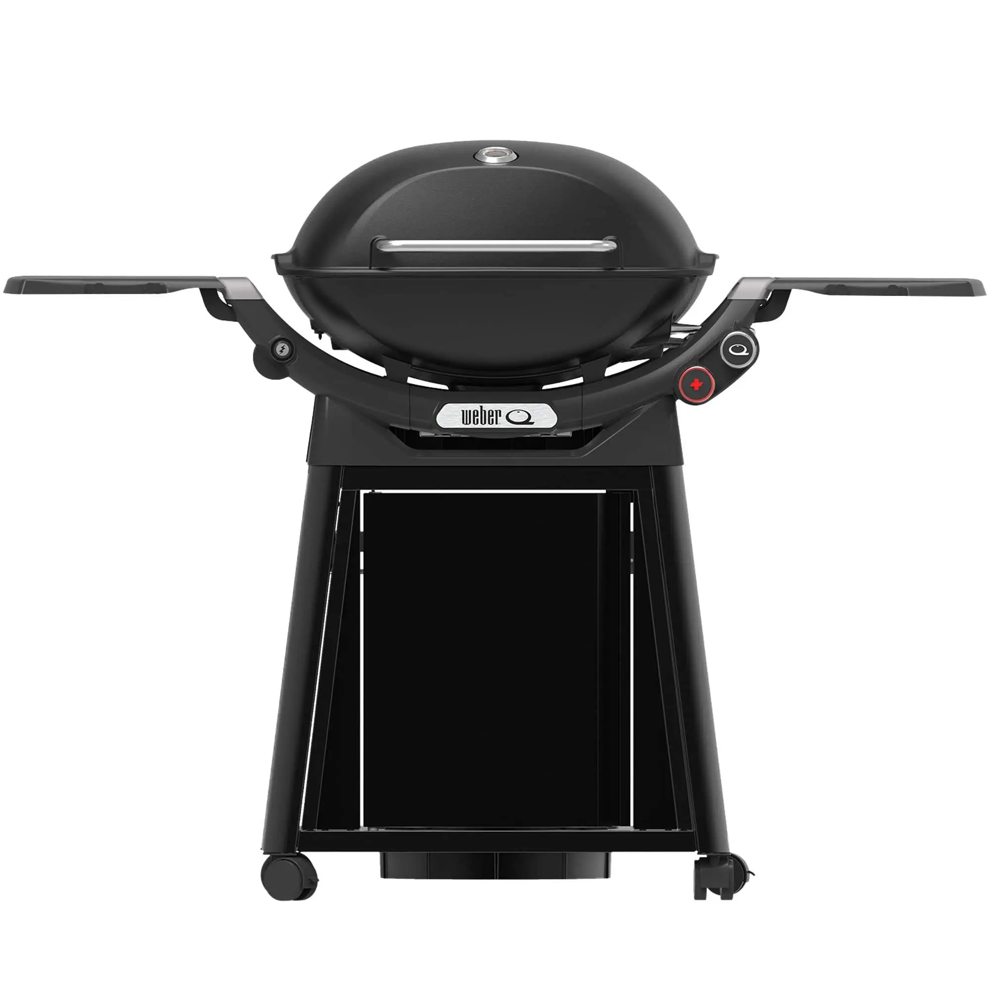 En sort Weber Q 3200N+ gasgrill med lågtermometer, sideborde og hjul, set forfra. Grillen har en moderne, kompakt form og er ideel til altaner og terrasser.