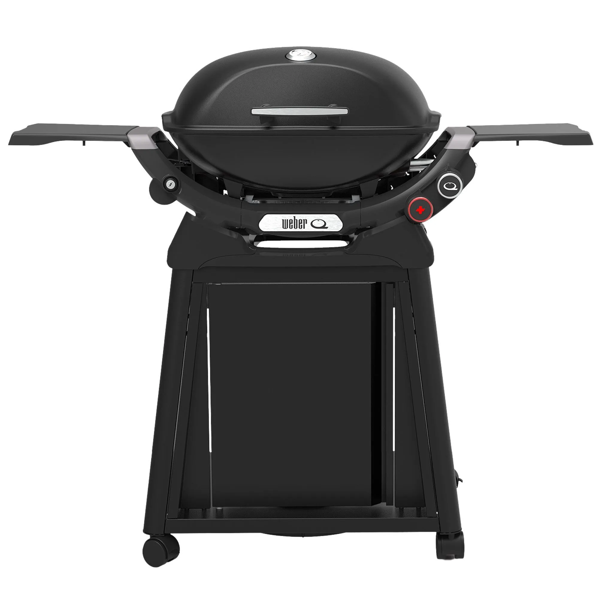 Sort Weber Q2800N gasgrill med lågtermometer, sideborde, elektronisk tænding og robust vogn med hjul. Grillen har moderne design og er udstyret med drejeknapper til varmejustering og en solid frontpanelbase.