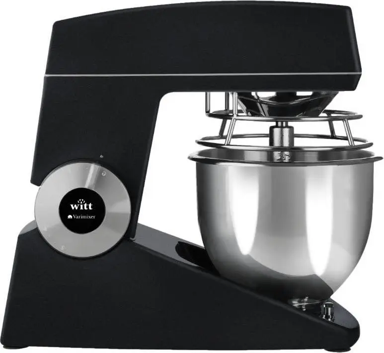 Witt Teddy Varimixer røremaskine i en elegant sort og rustfri stålkombination. Maskinen har et robust design med en stor skål, beskyttelsesgitter og en drejeknap på siden med "witt Varimixer"-logoet. Den er velegnet til bagning og madlavning, hvor kraftig og jævn omrøring er nødvendig.