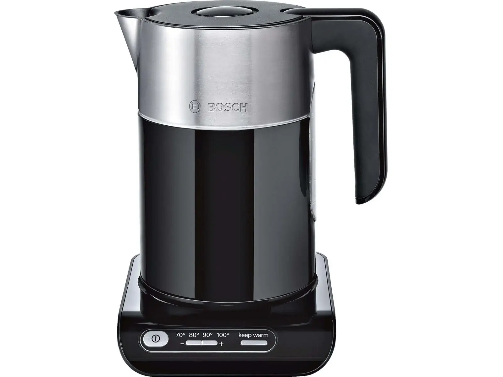Sort og sølv elkedel fra Bosch med temperaturindstillinger og "keep warm"-funktion. Elkedlen står på en base med knapper til at vælge mellem 70°, 80°, 90° og 100°C samt en tænd/sluk-knap og en knap til at holde vandet varmt.