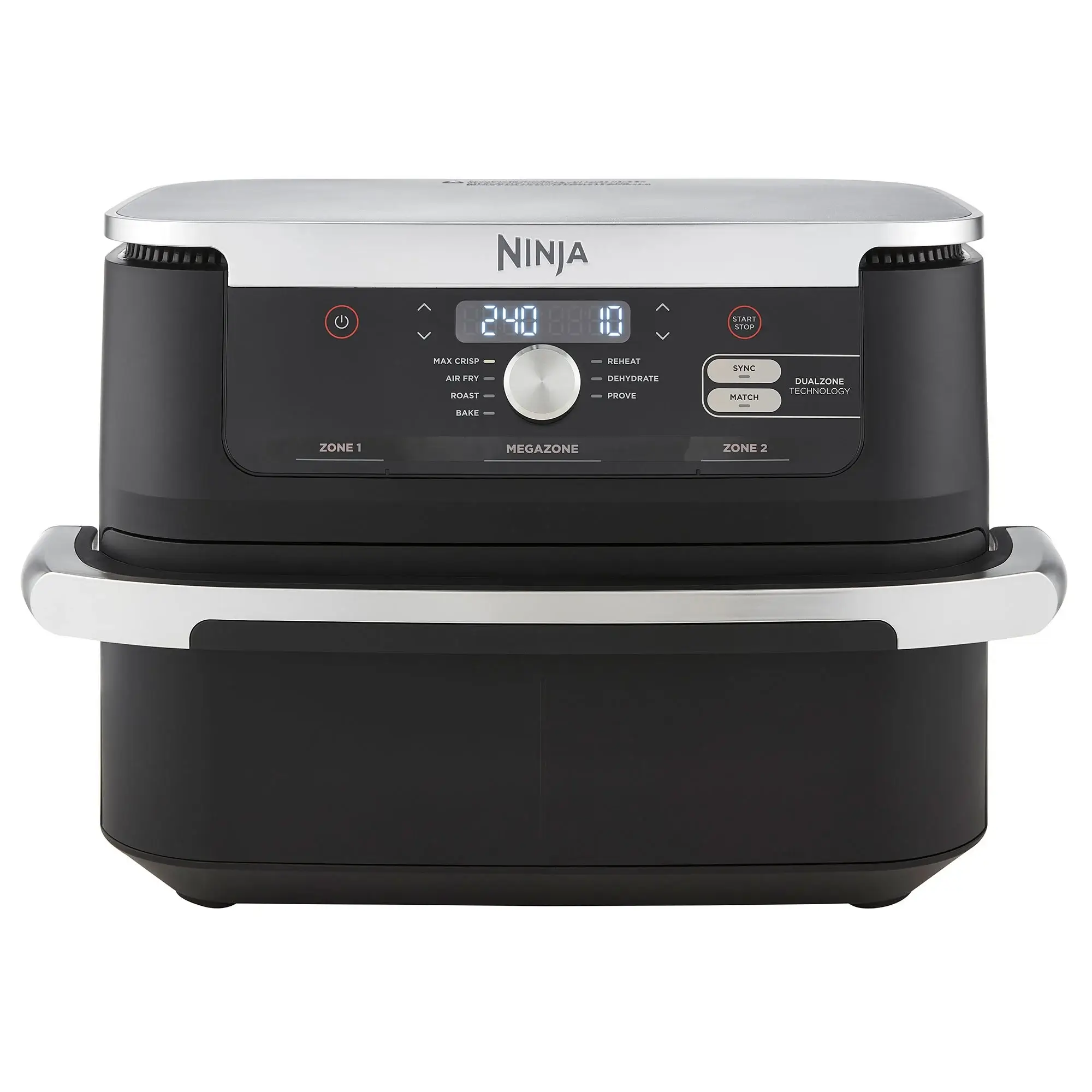Ninja Foodi AF500EU Airfryer med en kapacitet på 10,4 liter. Designet er moderne med et sort kabinet, et sølvfarvet låg og en brugervenlig kontrolpanel med funktioner som "Max Crisp", "Air Fry", "Roast", "Bake", "Reheat" og "Dehydrate". Airfryeren har også DualZone-teknologi og to separate madlavningszoner.
