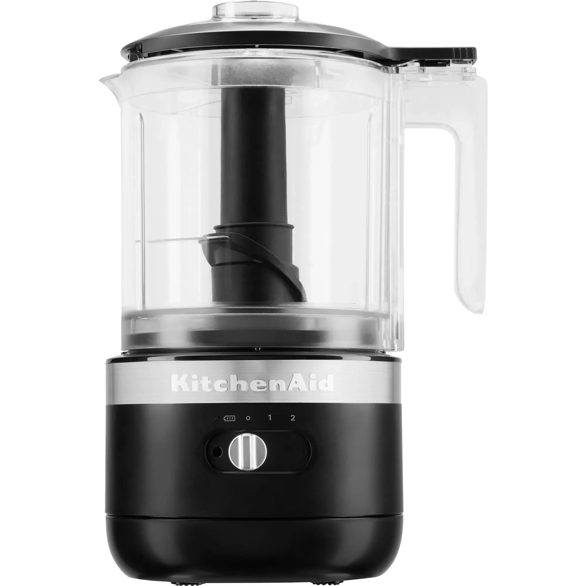 KitchenAid ledningsfri mini-hakker i sort med en gennemsigtig beholder og et låg. Produktet har et simpelt design med en justerbar drejeknap på fronten