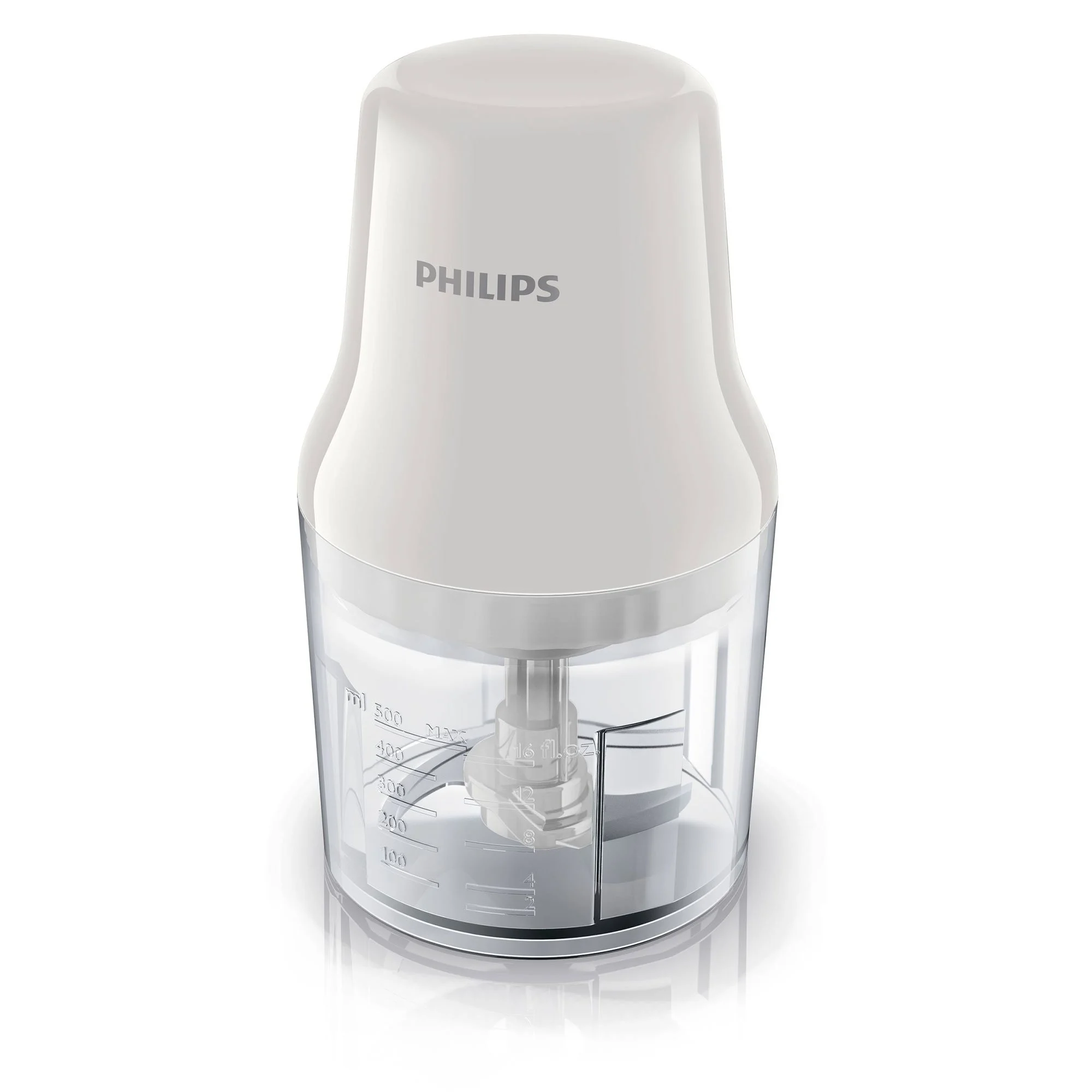 Philips minihakker med en hvid top og en gennemsigtig beholder, der har måleenheder trykt på siden
