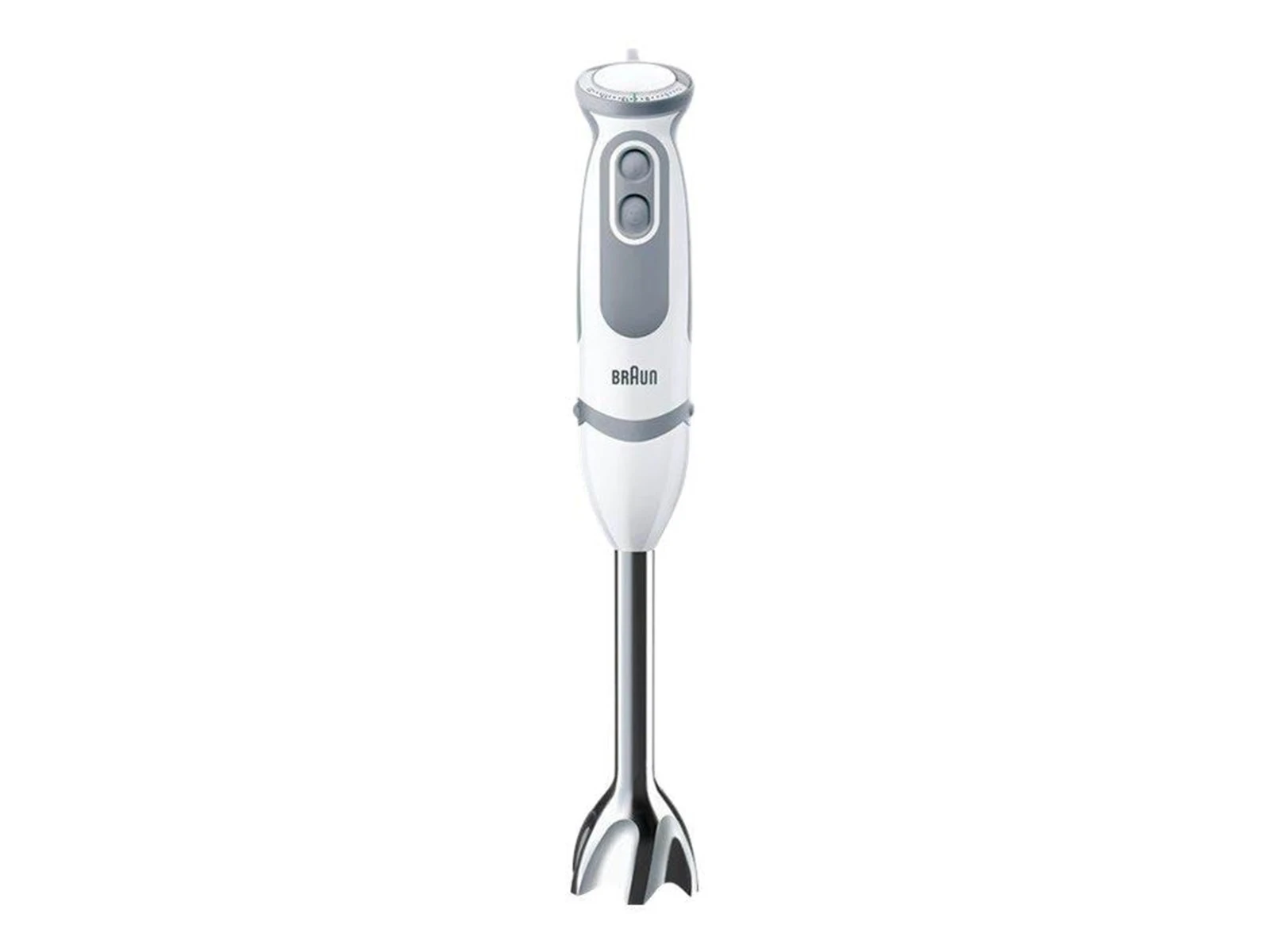 Braun MultiQuick 5 stavblender med et ergonomisk hvidt og gråt håndtag samt en rustfri stålblenderfod.