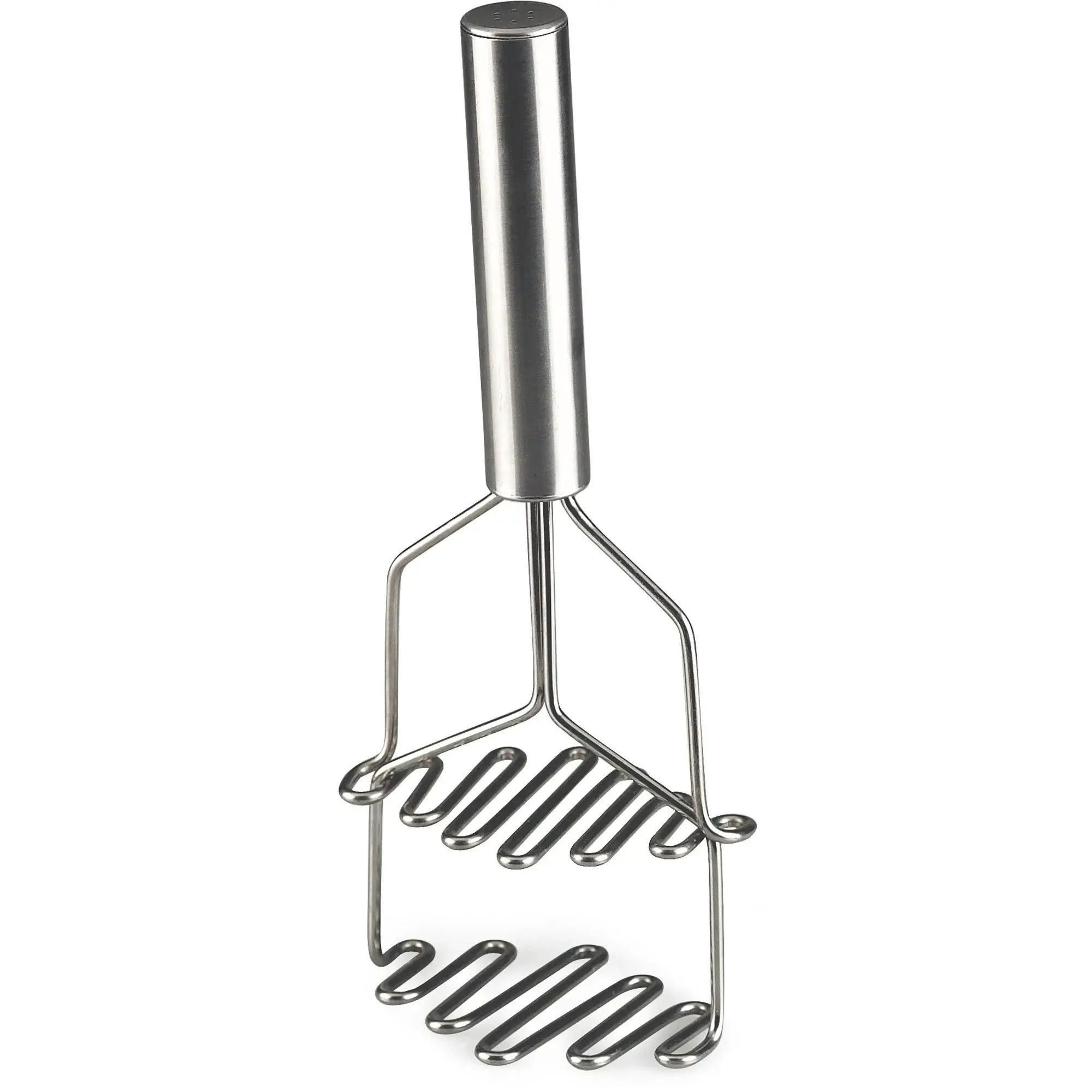 Kartoffelmoser i rustfrit stål med et ergonomisk håndtag og en zigzag-formet base. Designet gør det nemt at mose kartofler og andre grøntsager effektivt uden at anstrenge håndleddet