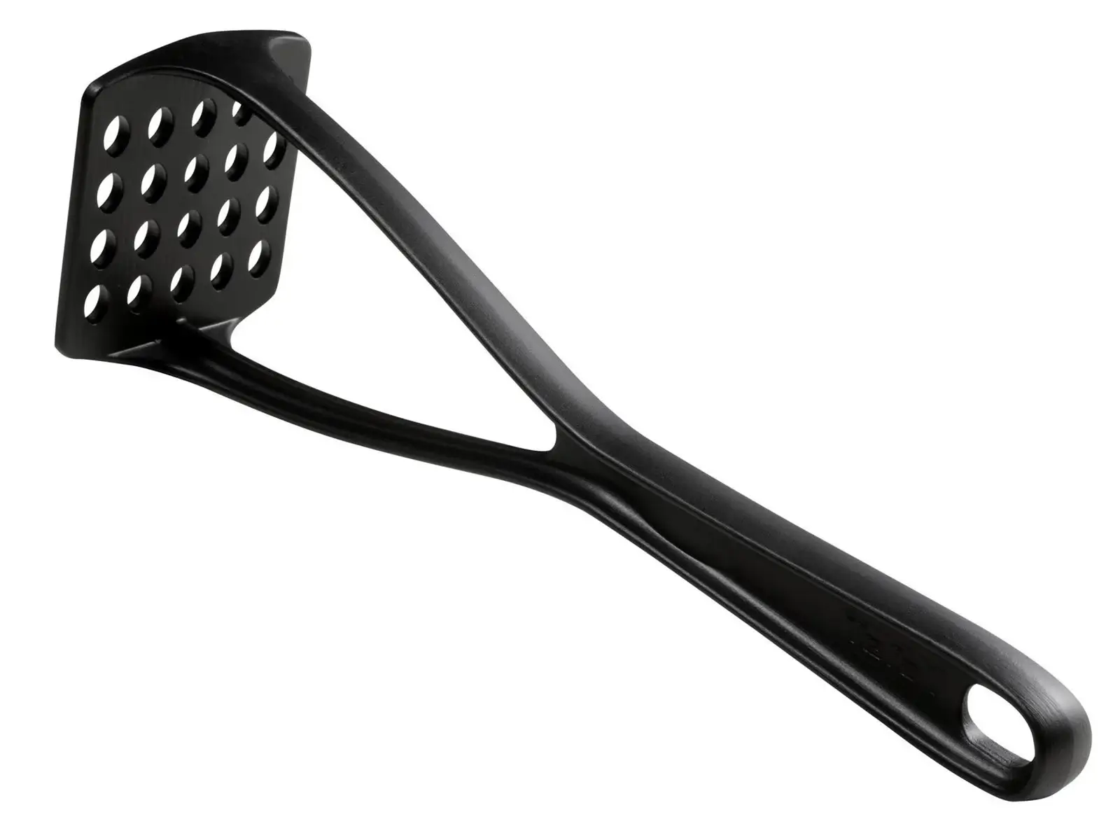 ort kartoffelmoser fra Tefal med et ergonomisk design og et perforeret moserhoved. Den har et langt håndtag med et hul i enden til ophængning, hvilket gør den praktisk til opbevaring.