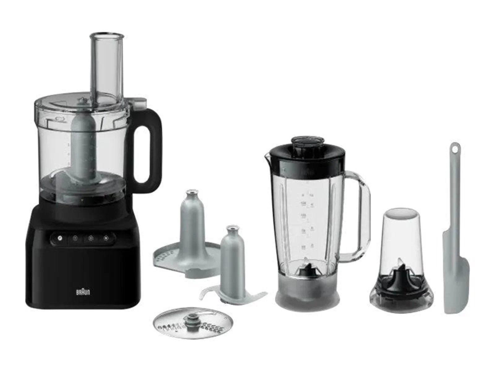 Braun foodprocessor med sort base og gennemsigtig skål, ledsaget af flere tilbehørsdele, herunder en blenderkande, en minihakker, forskellige skiver og knive samt en grå dejskraber