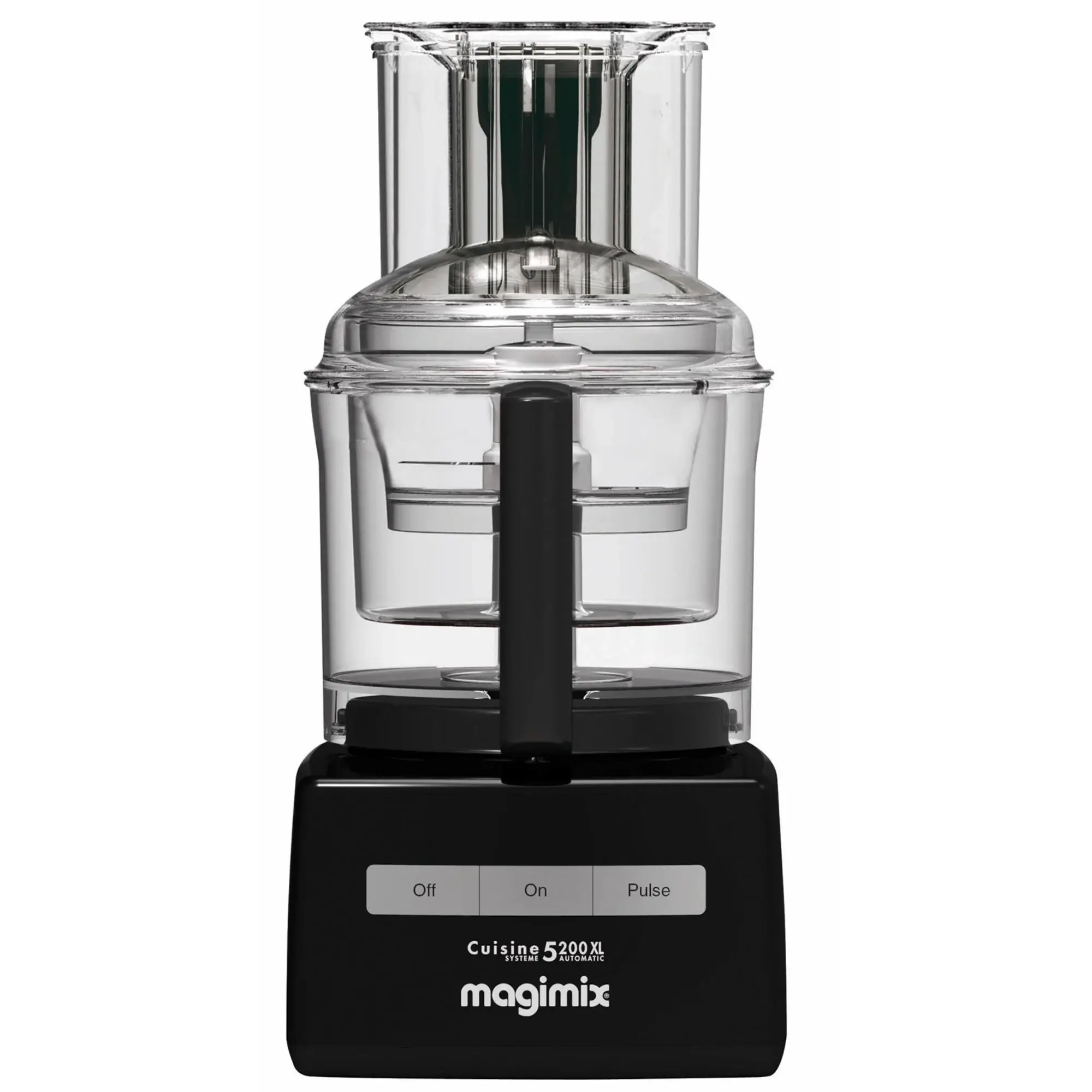Magimix CS 5200 XL foodprocessor i sort med en gennemsigtig skål og låg. Frontpanelet har tre knapper mærket "Off", "On" og "Pulse", og mærket "Magimix" er tydeligt synligt.