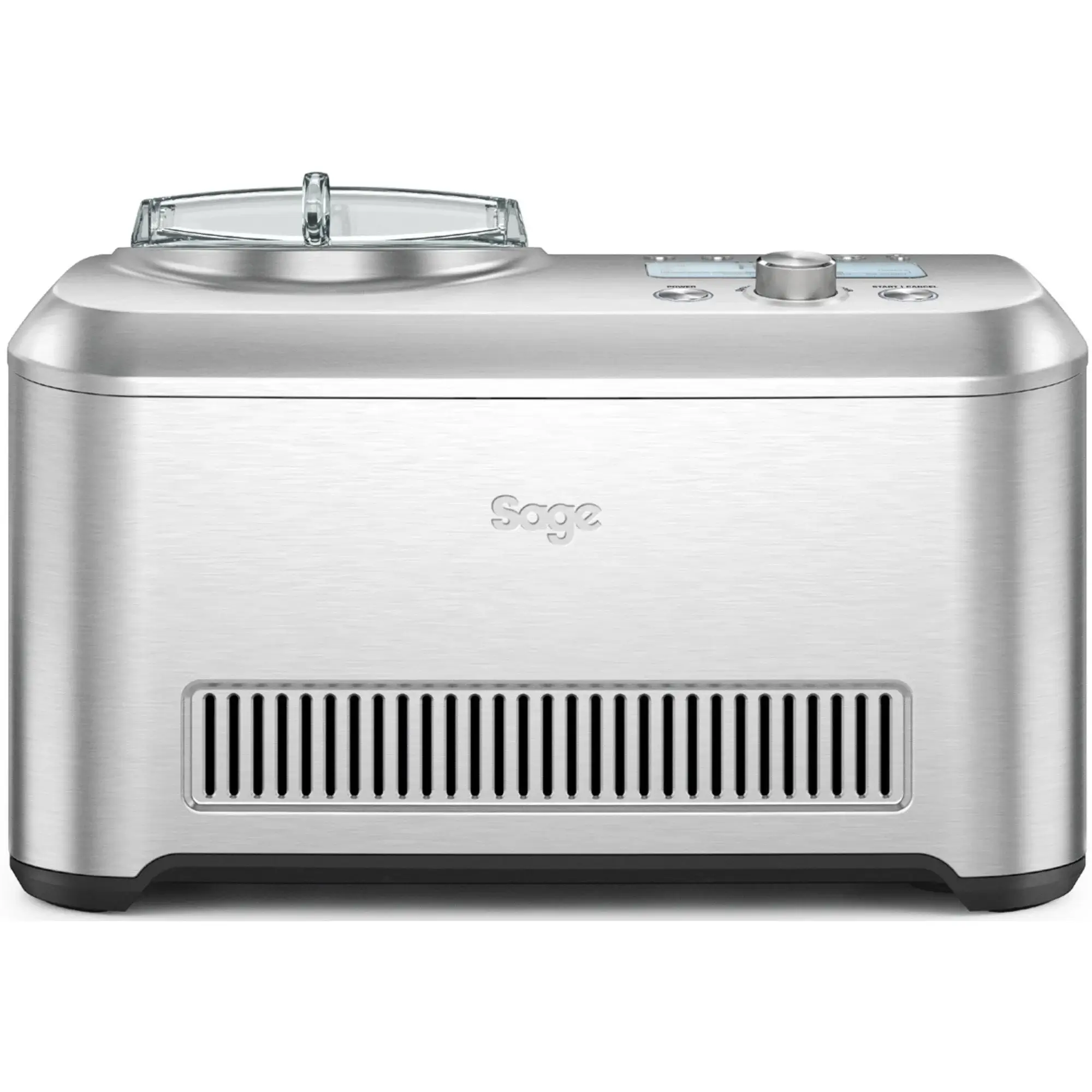 En sølvfarvet ismaskine fra mærket Sage, model "The Smart Scoop", med et moderne design og digital kontrolpanel øverst til højre. Maskinen har en gennemsigtig låg og ventilationsriller på fronten, ideel til hjemmelavet is med automatiske funktioner.