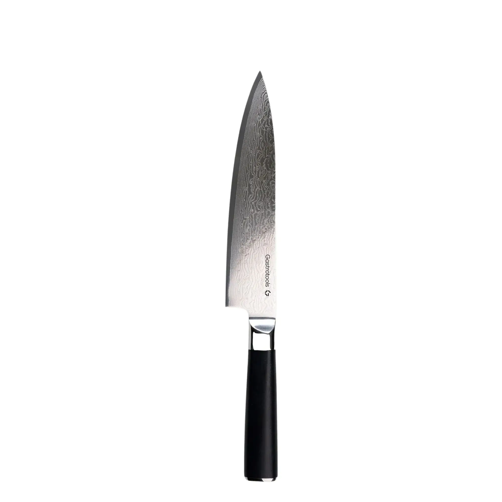 Gyuto kokkekniv fra Gastrotools med et detaljeret damaskusmønster på bladet og et sort, ergonomisk håndtag