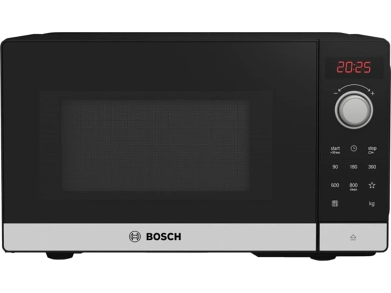 Sort og sølvfarvet Bosch mikrobølgeovn med digitalt display, der viser klokken 20:25, og en drejeknap med flere knapper til funktioner som start, stop, tid og effekt. Designet er moderne og minimalistisk, med Bosch-logoet synligt på fronten.